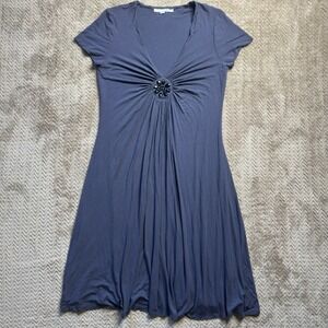 Boden Dress Womens 12 L Soft Knit Blue Short Sleeve Gem Cinch Waist Accent